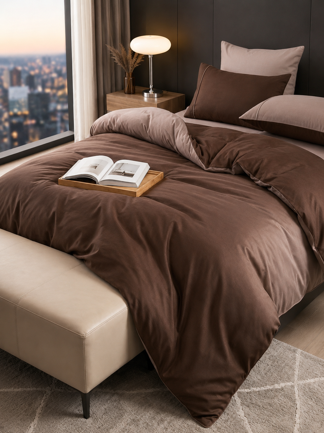 Lenjerie de pat, 6 piese, 200x230 cm, 70%BUMBAC, maro